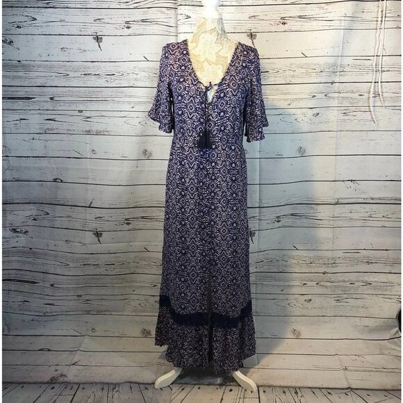 Artesia Boho Chic Button Front Short Sleeve Maxi tasel neck closing size medium - Picture 2 of 12